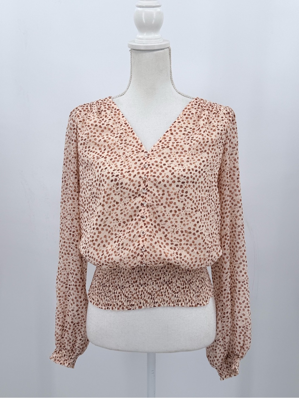 Joie Animal Print Blouse Women S Gold Lurex Smocked Waist Boho Peasant V NeckTop